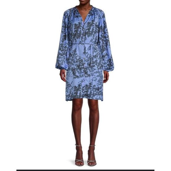 Halston Blue & Black Floral Print Long Sleeve  Dress with Balloon Sleeves NWT - Picture 1 of 6